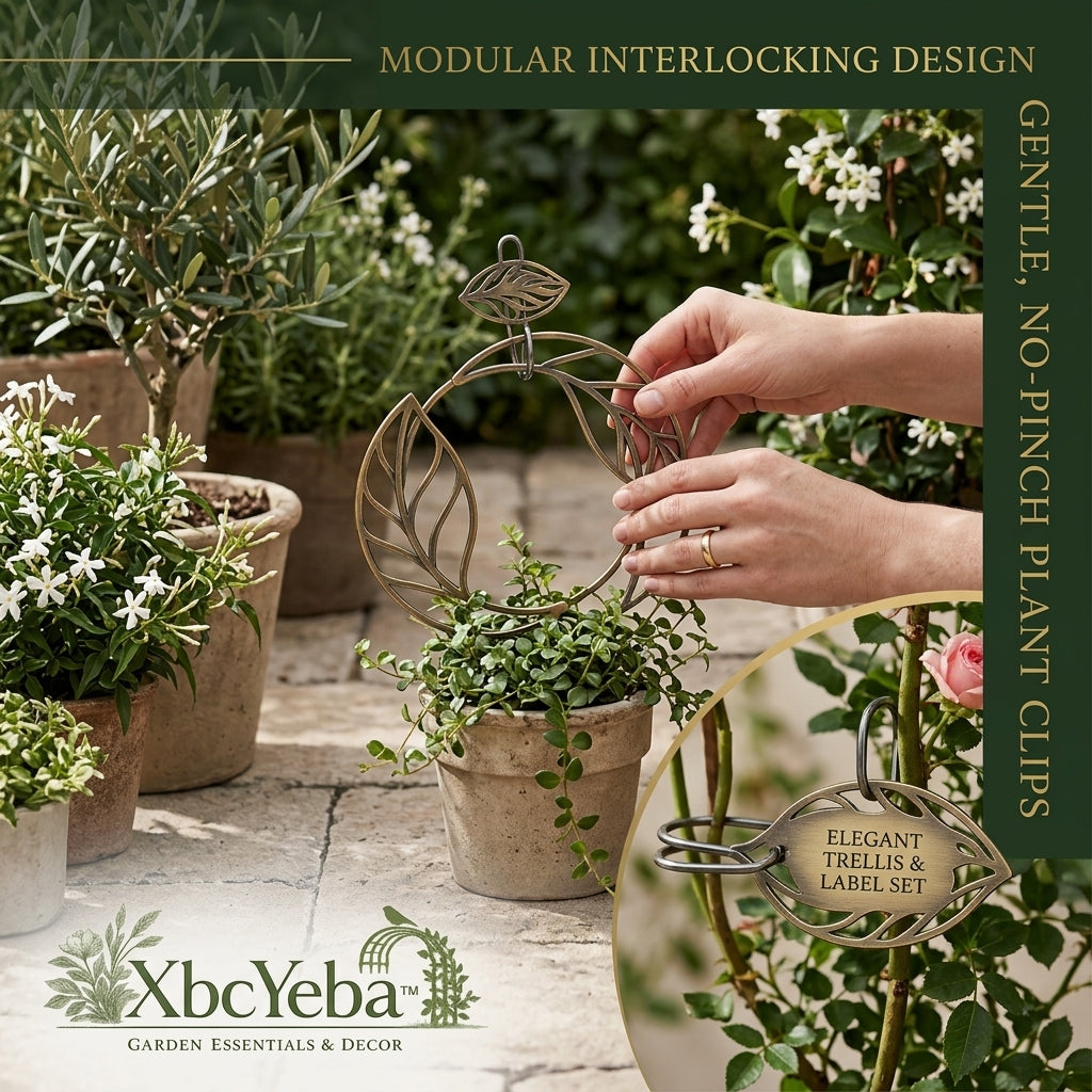 XbcYeba™ Modular Interlocking Metal Plant Trellis and Clip Set – Elegant Leaf Design Potted Plant Support for Indoor Climbing Plants, Rustproof Brass Finish Trellis & Gentle No-Pinch Stem Clips/Labels for Ivy, Hoya, Monstera