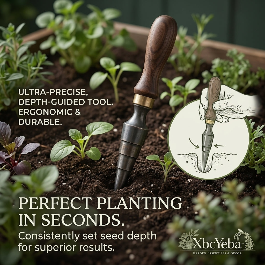 XbcYeba™ Ergonomic Garden Dibber – Precision Seed Planting Tool with Depth Guide – Heavy-Duty Walnut Handle & Stainless Steel Design – Perfect for Vegetable, Flower, and Herb Gardening