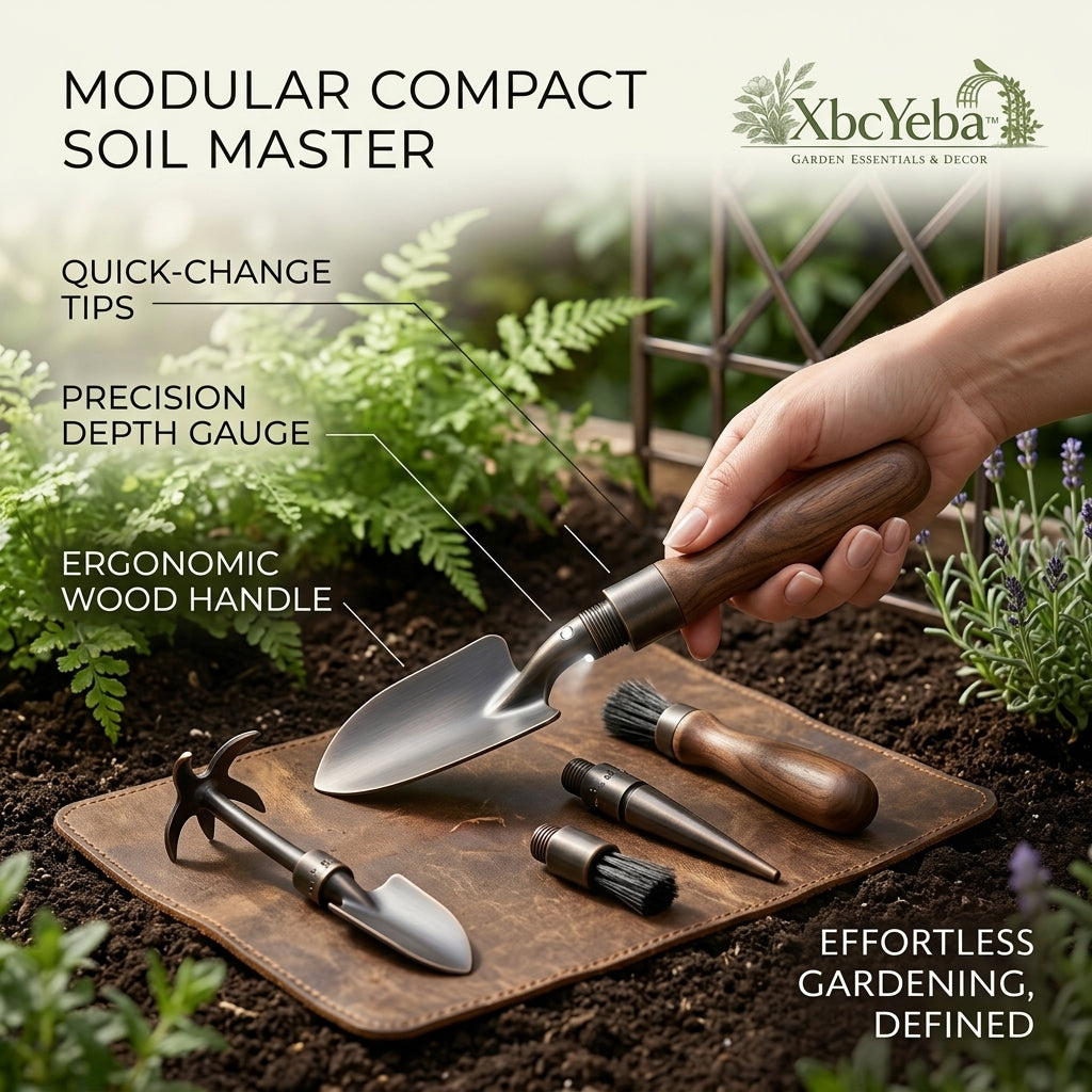 XbcYeba™ Modular Gardening Tool Set – 4-in-1 Interchangeable Hand Trowel, Cultivator, Dibber & Brush with Ergonomic Wood Handle – Premium Precision Garden Kit for Indoor & Outdoor Planting