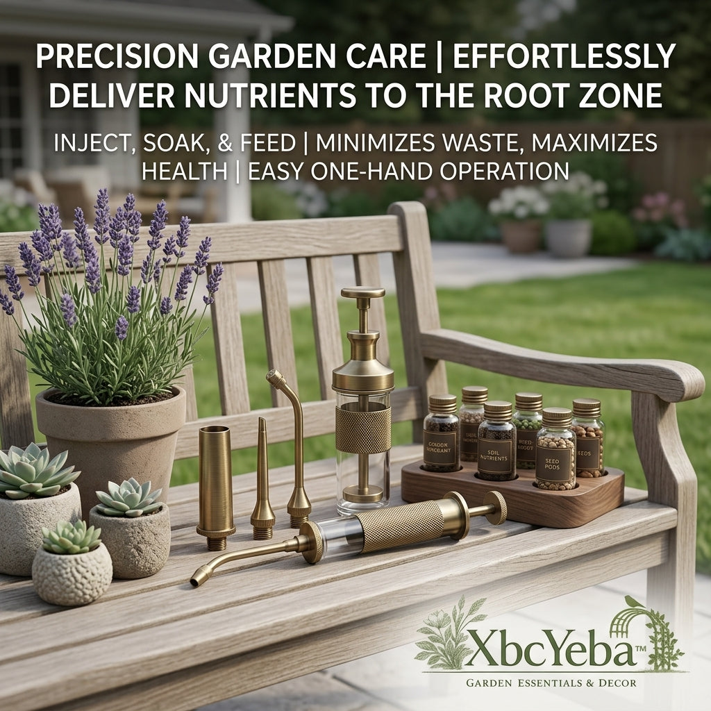 XbcYeba™ Premium Brass Precision Garden Care Kit - Hand-Pump Root Zone Soil Injector, Watering Spray & Nutrient Applicator Set with Wooden Organizer for Succulents, Bonsai, and Indoor Plants