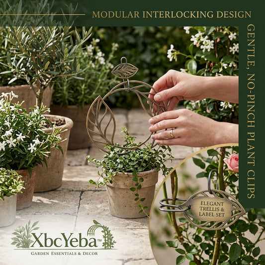 XbcYeba™ Modular Interlocking Metal Plant Trellis and Clip Set – Elegant Leaf Design Potted Plant Support for Indoor Climbing Plants, Rustproof Brass Finish Trellis & Gentle No-Pinch Stem Clips/Labels for Ivy, Hoya, Monstera